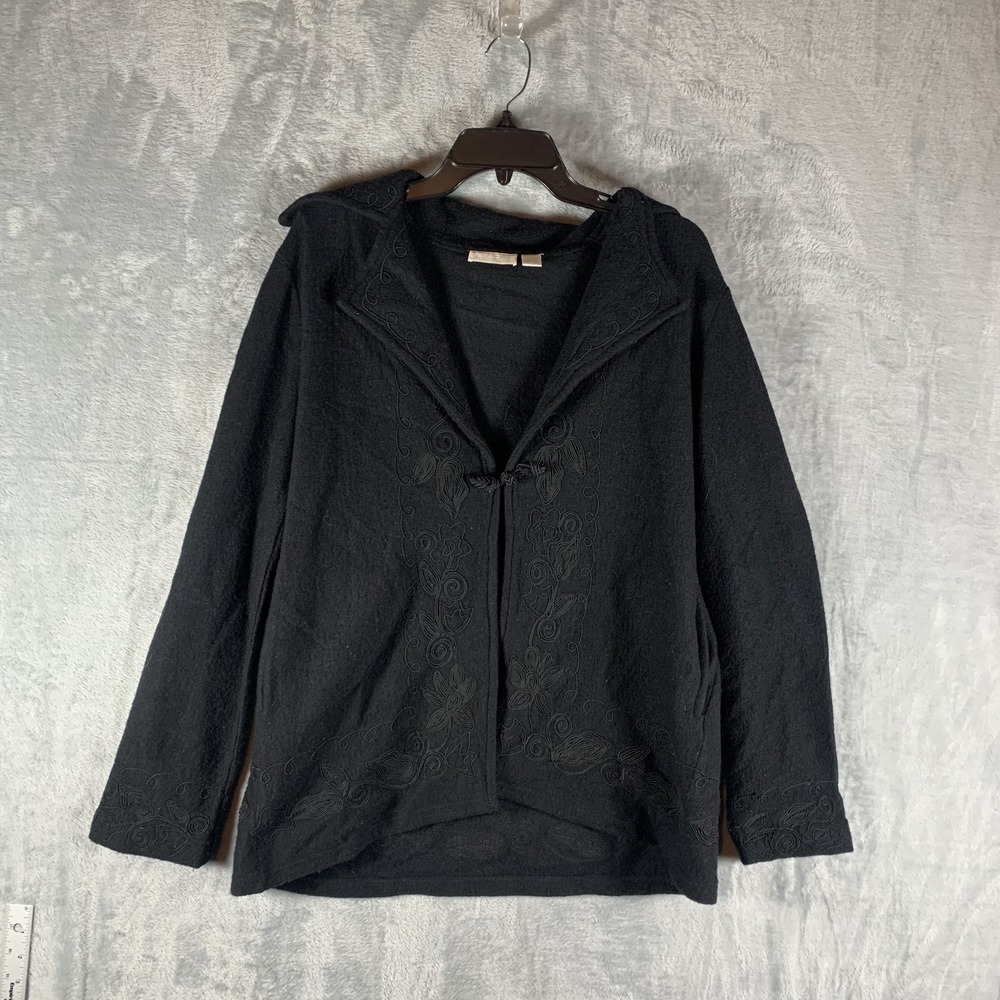 Whitewash Womens Cardigan Sweater Boiled Wool Embroidered Black M Knot Button